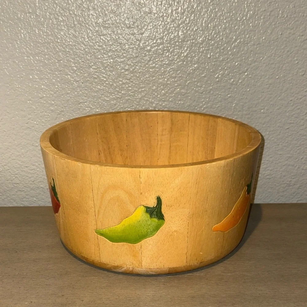 Wood Salad Bowl Red Hot Chili Peppers Clay Art Vintage